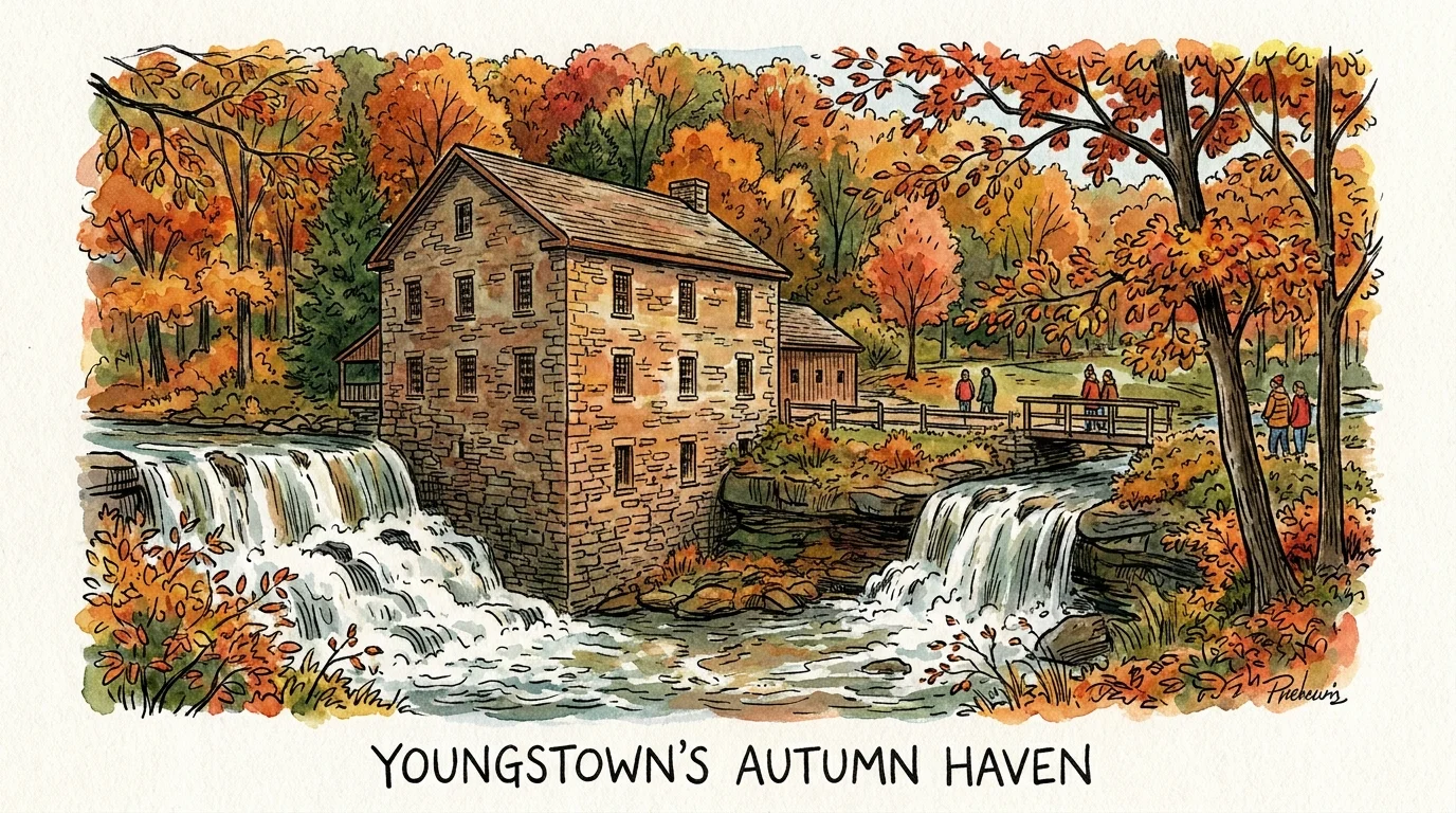 An ink and watercolor illustration of a historic stone gristmill surrounded by colorful autumn trees in Youngstown, Ohio.