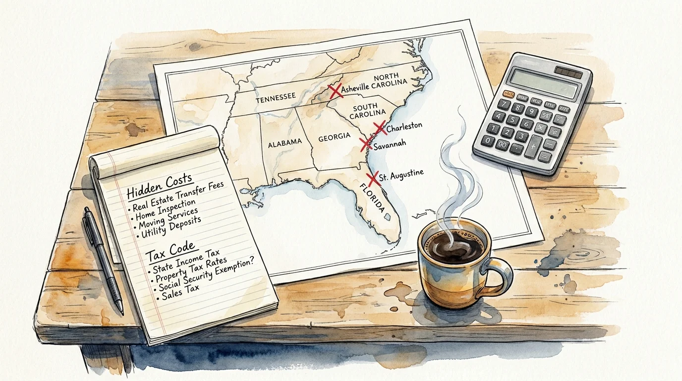 An ink and watercolor illustration of a kitchen table with a map, calculator, and a checklist for retirement planning.