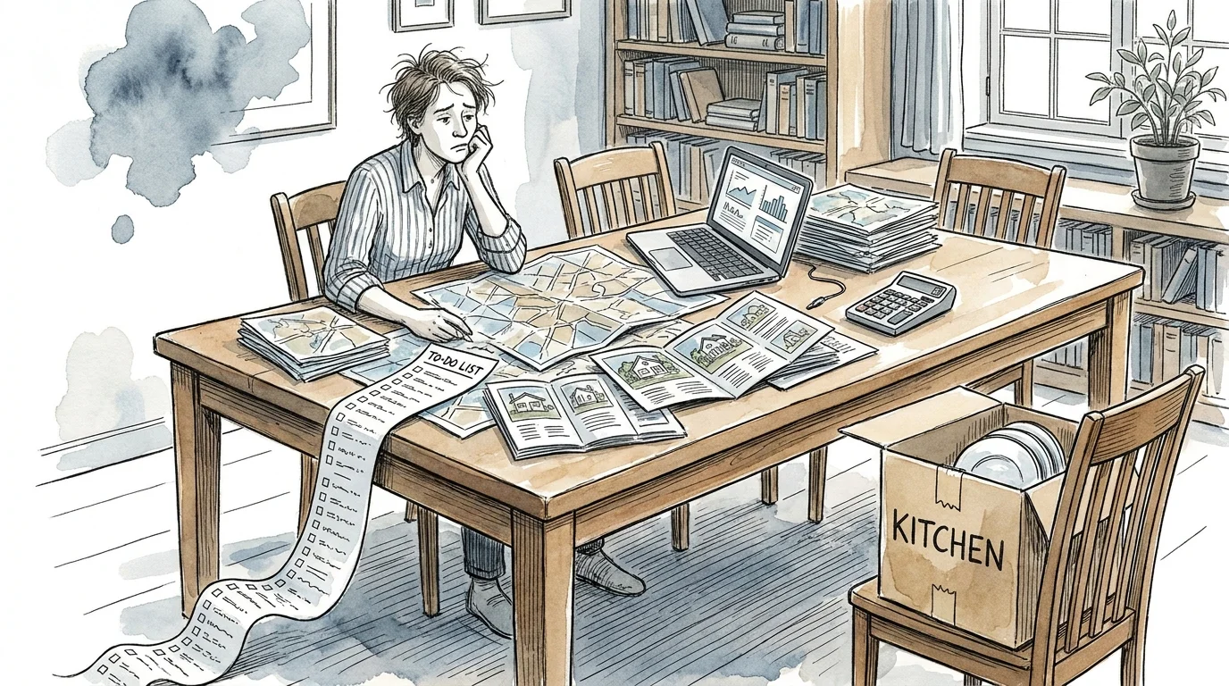 An ink and watercolor illustration of a person surrounded by maps and boxes, looking at a long moving checklist.