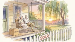 An ink and watercolor illustration of a retired couple on a Southern porch next to a moving box and a sold sign.