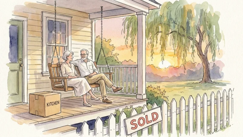 An ink and watercolor illustration of a retired couple on a Southern porch next to a moving box and a sold sign.