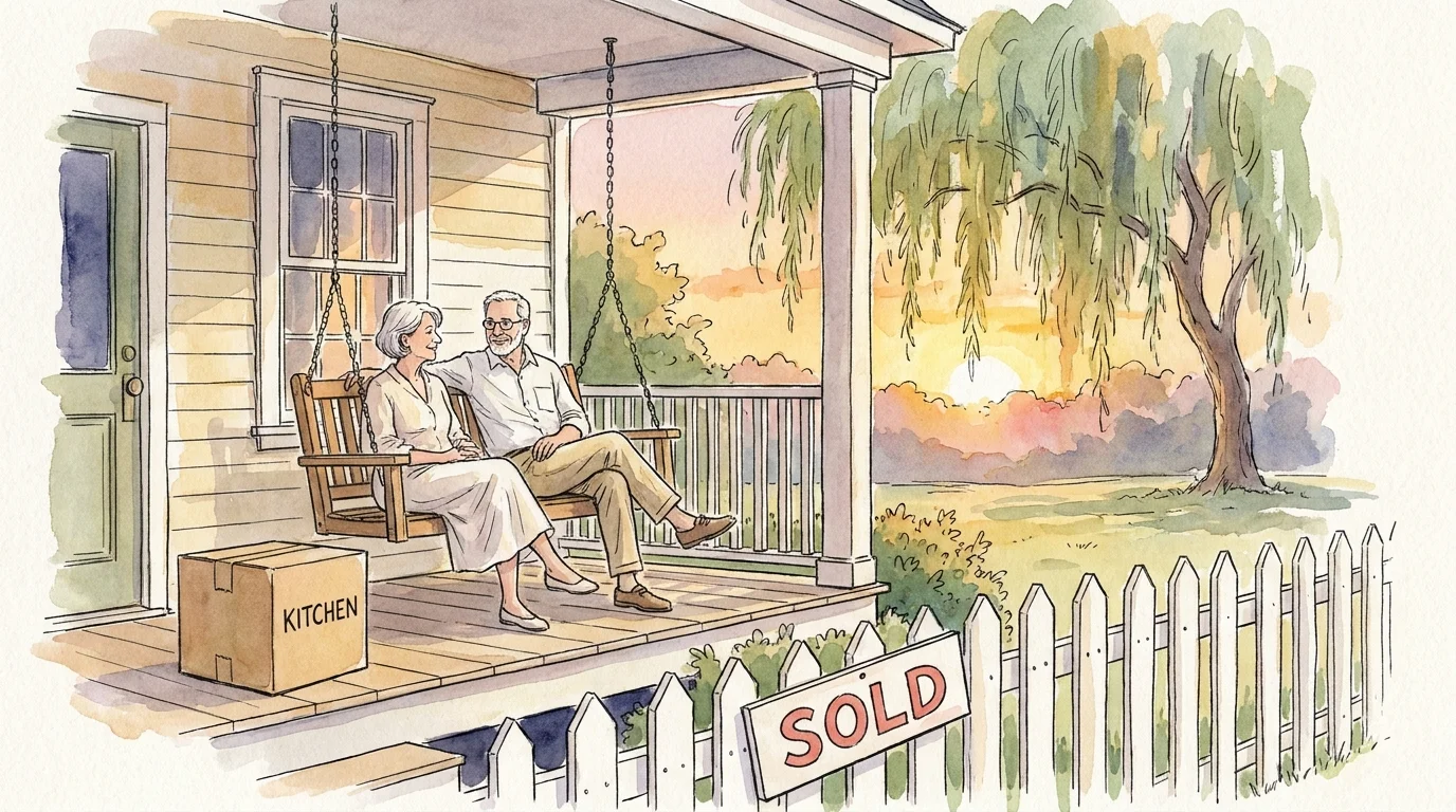 An ink and watercolor illustration of a retired couple on a Southern porch next to a moving box and a sold sign.