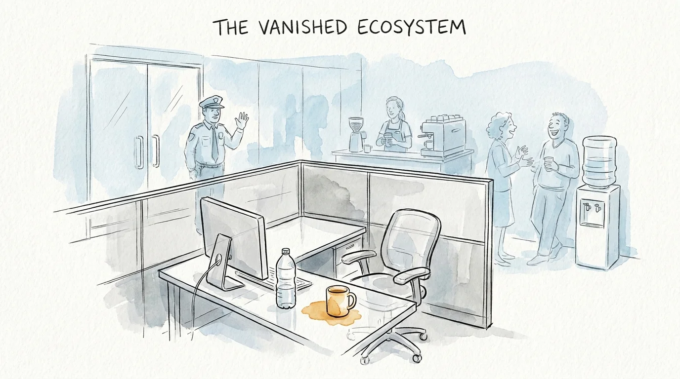 An ink and watercolor illustration of an empty office cubicle with ghostly silhouettes of former coworkers in the background.