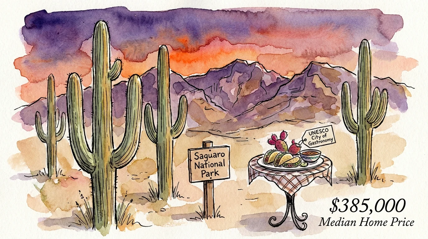 An ink and watercolor illustration of Saguaro cacti at sunset in Tucson, featuring the median home price of $385,000.