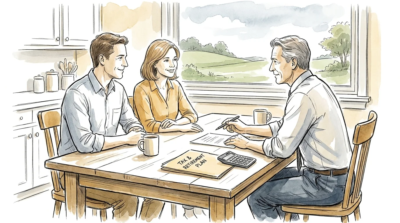 An ink and watercolor sketch of a couple meeting with a professional advisor at a table with a retirement plan.