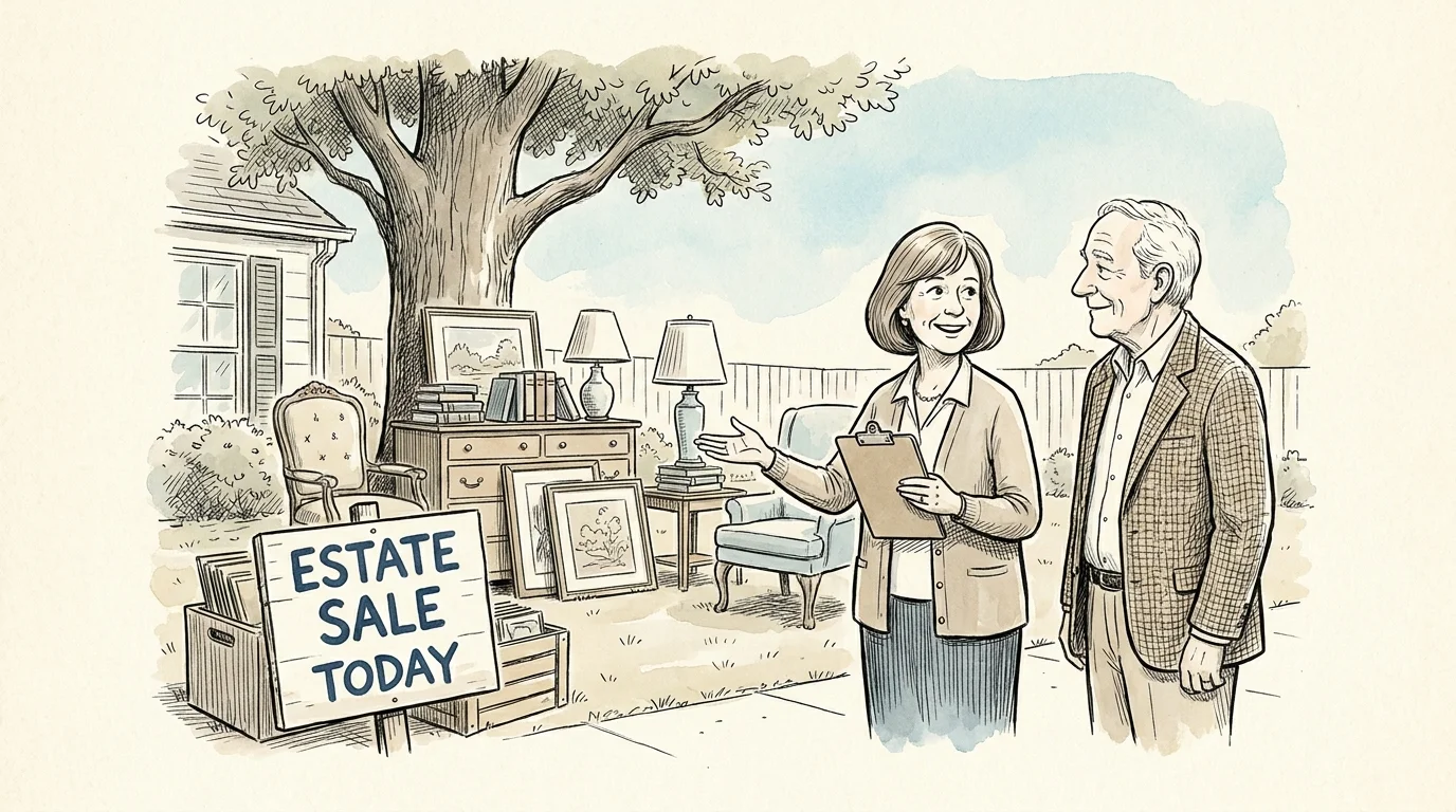 An ink drawing of an estate sale manager helping a retiree organize a sale in their driveway.