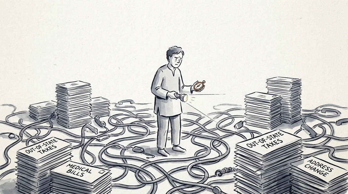 An ink illustration of a person navigating a maze made of mail and tax documents, representing retirement hurdles.