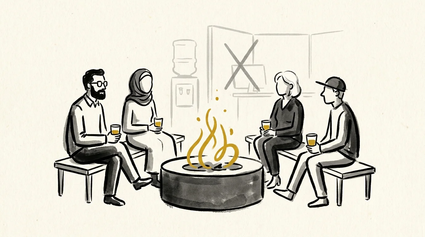 An ink sketch of friends laughing around a fire pit, with a crossed-out office cubicle in the background.