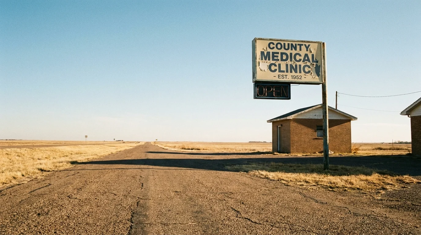 An isolated, closed medical clinic in a vast rural landscape, symbolizing limited access to healthcare.