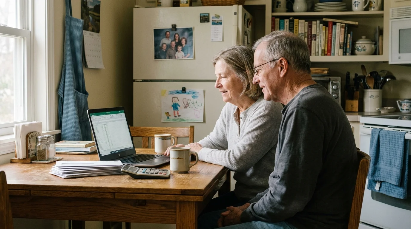 An older couple sitting at their kitchen table with a laptop and paperwork, calmly discussing their retirement plans.