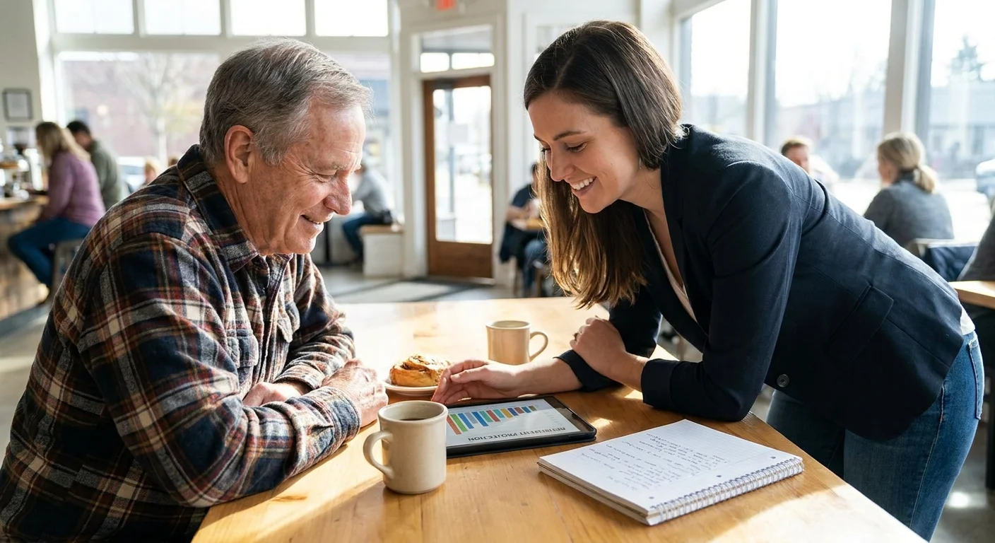 An older man and a financial advisor talk casually over coffee while looking at a retirement plan on a tablet.