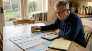 An older man at a kitchen table with a map and tablet, planning various retirement trial locations in a sunlit home.