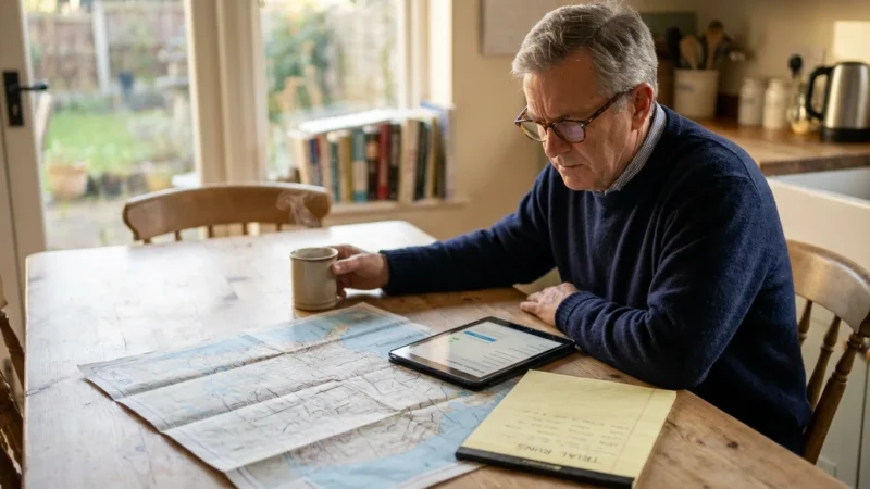 An older man at a kitchen table with a map and tablet, planning various retirement trial locations in a sunlit home.