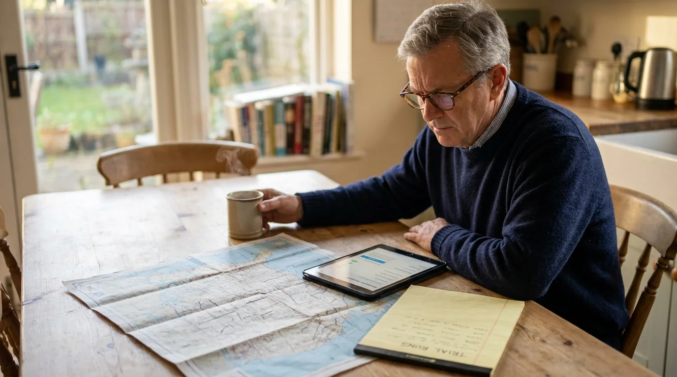 An older man at a kitchen table with a map and tablet, planning various retirement trial locations in a sunlit home.