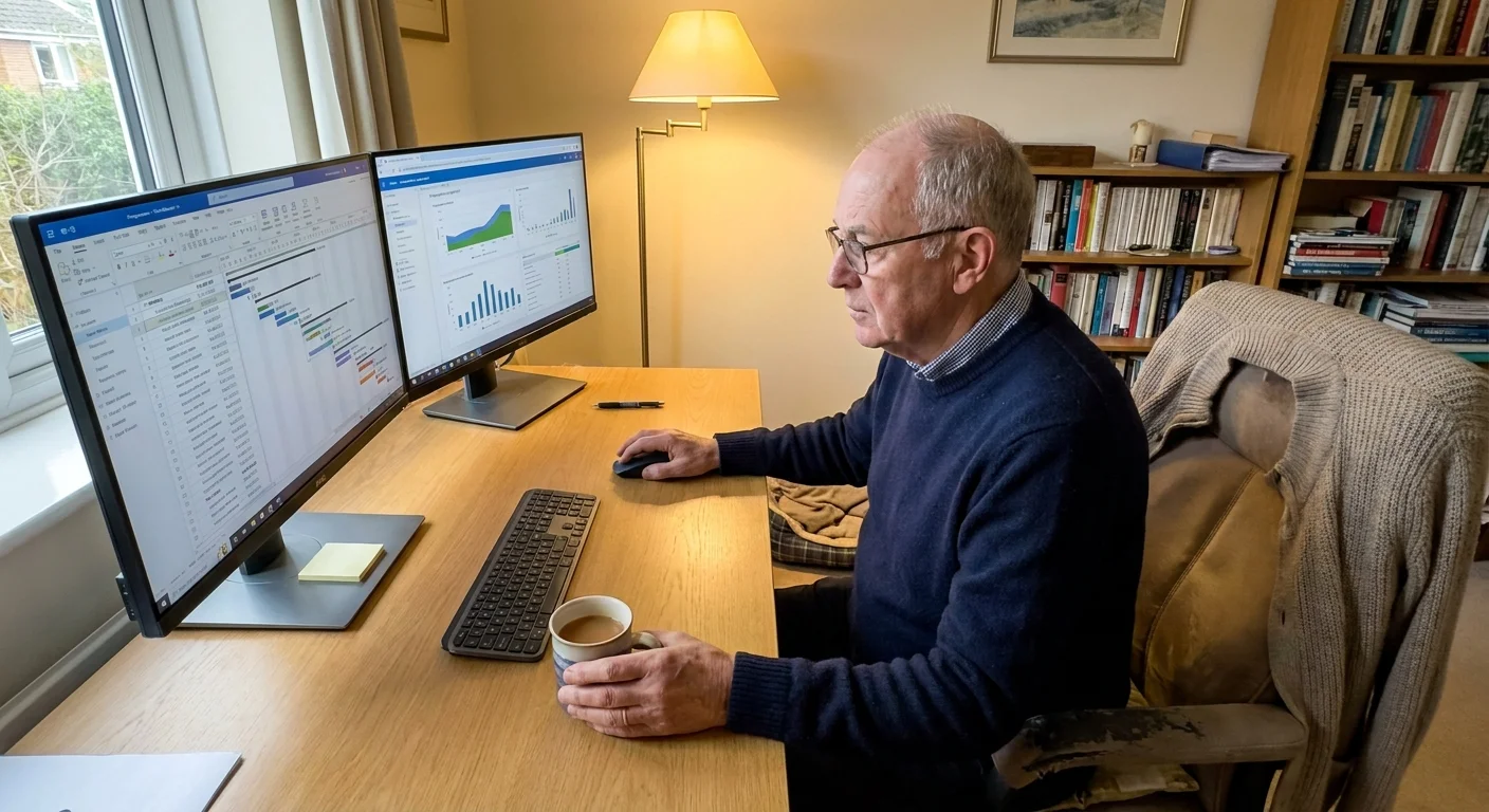 An older man working at a computer in a cozy home office, representing a freelance consultant role.