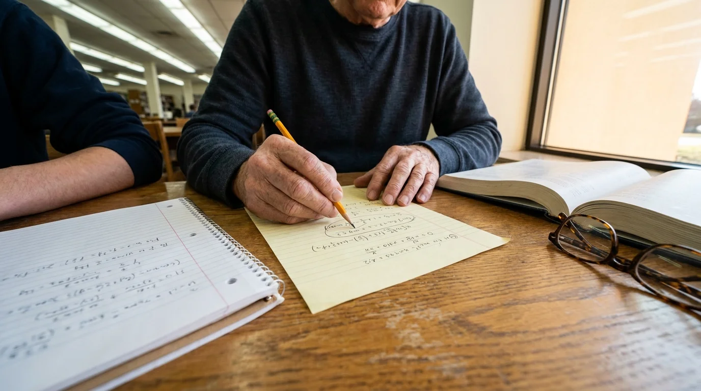 Close-up of a retiree's hands helping a student with a math problem on a library table.