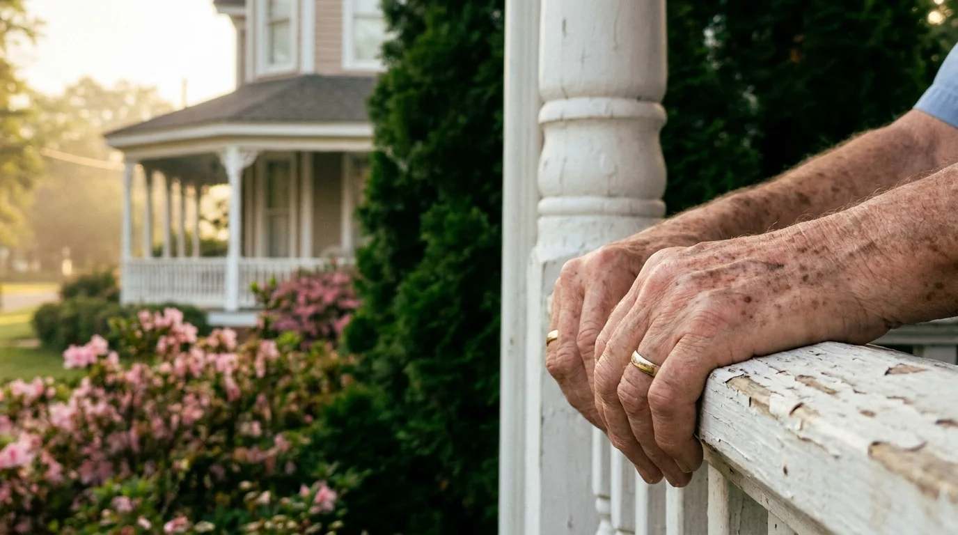 Close-up of a senior's hands on a porch railing in Mississippi, with a historic home in the background.