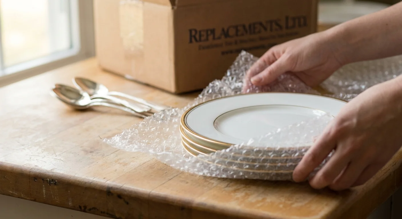 Close-up of fine china plates being wrapped in bubble wrap next to a box addressed to Replacements, Ltd.