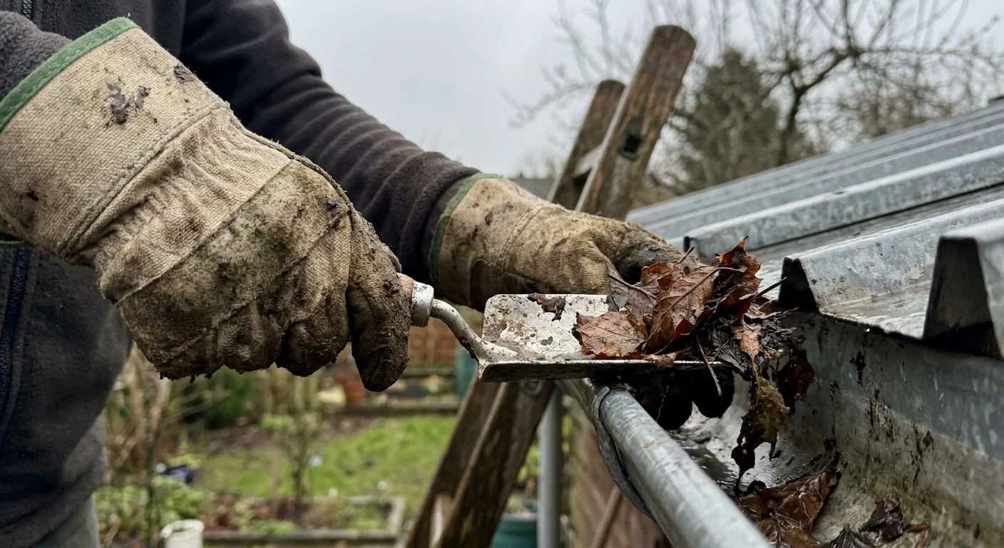 Close-up of gloved hands cleaning wet leaves out of a house gutter on a cloudy day.