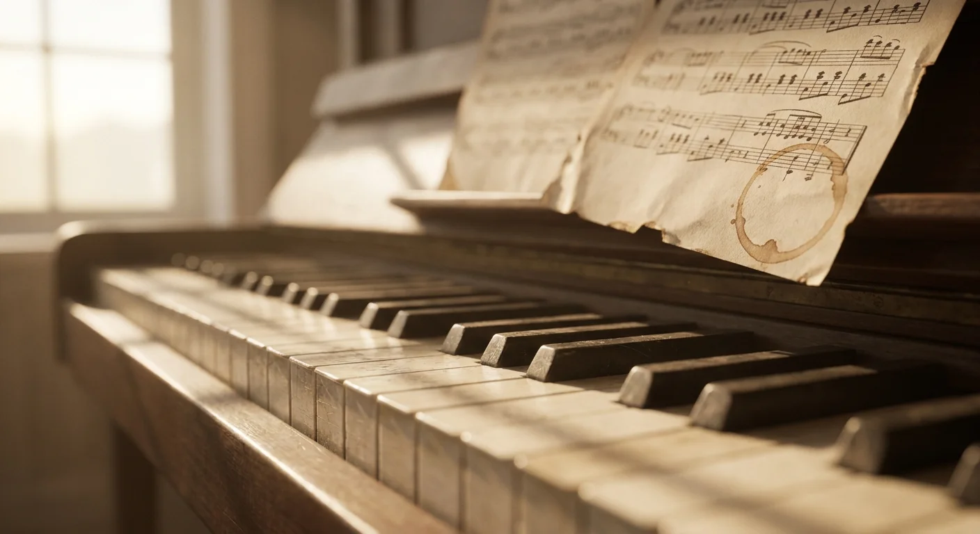 Close-up of worn piano keys and handwritten sheet music with a coffee ring.