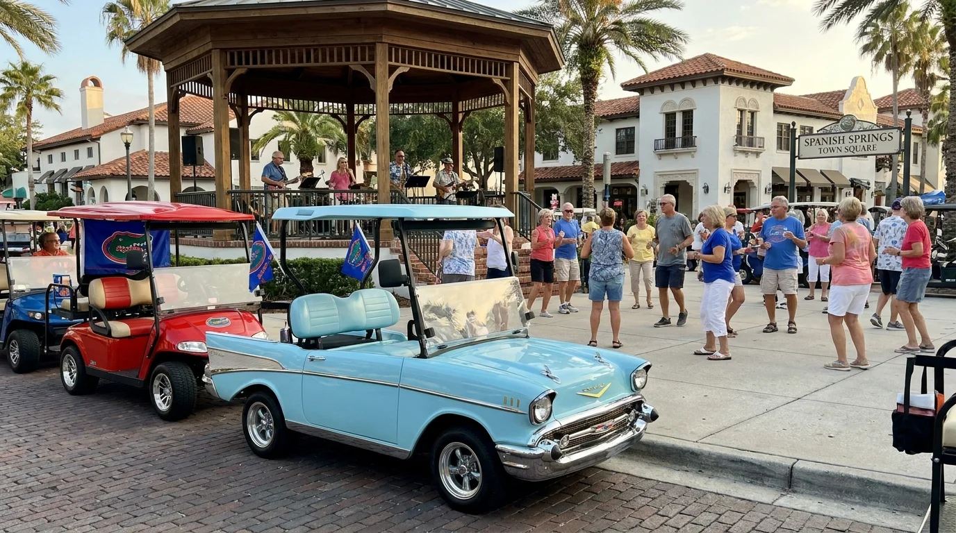 Custom golf carts parked near a Spanish-style town square with people dancing in the background.