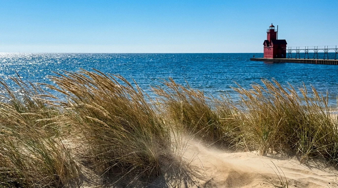 Dune grass waves in front of a blue lake with a red lighthouse in the distance in Holland, Michigan.