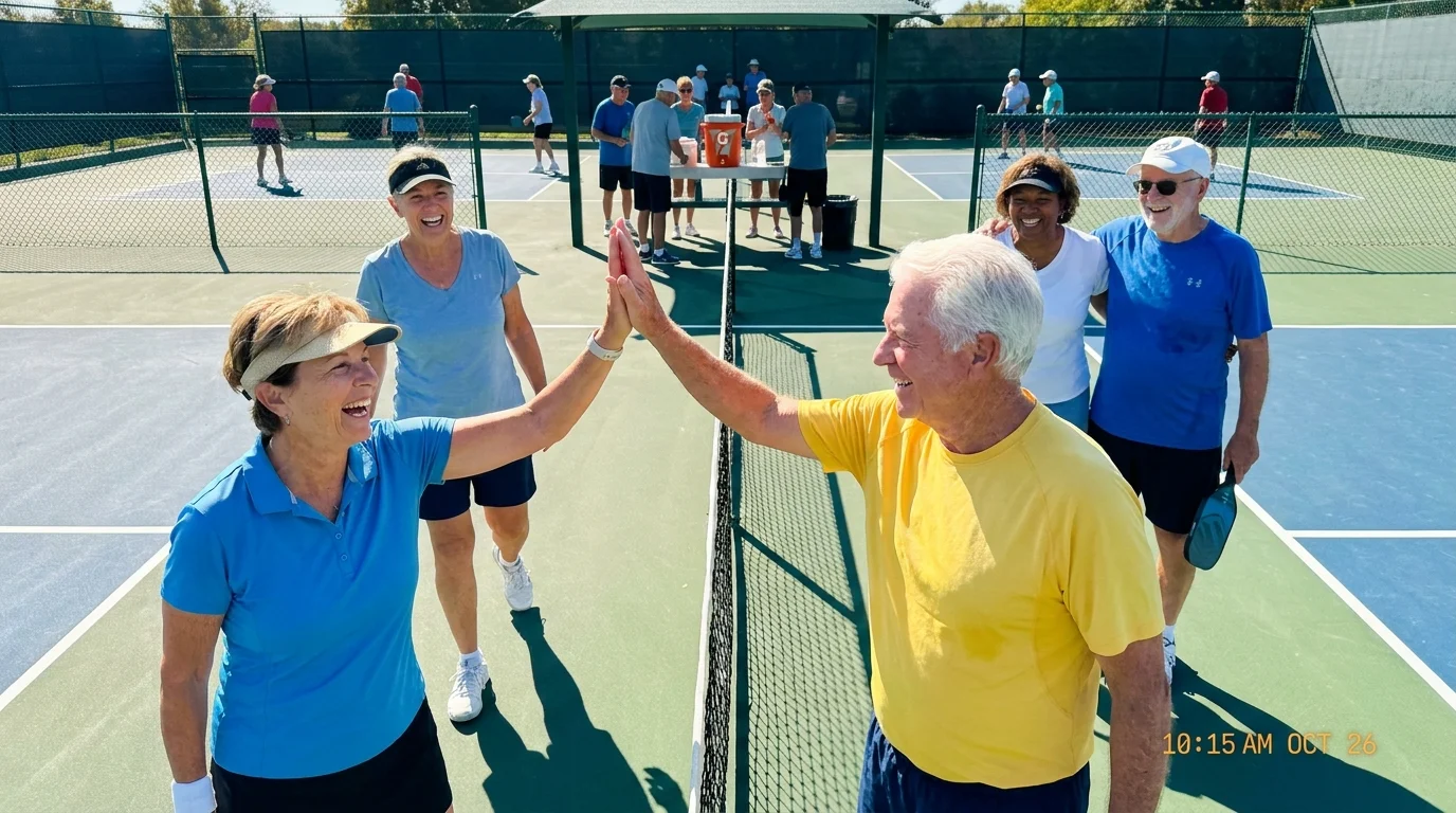 Four retirees laughing and playing pickleball together on a sunny outdoor community court.