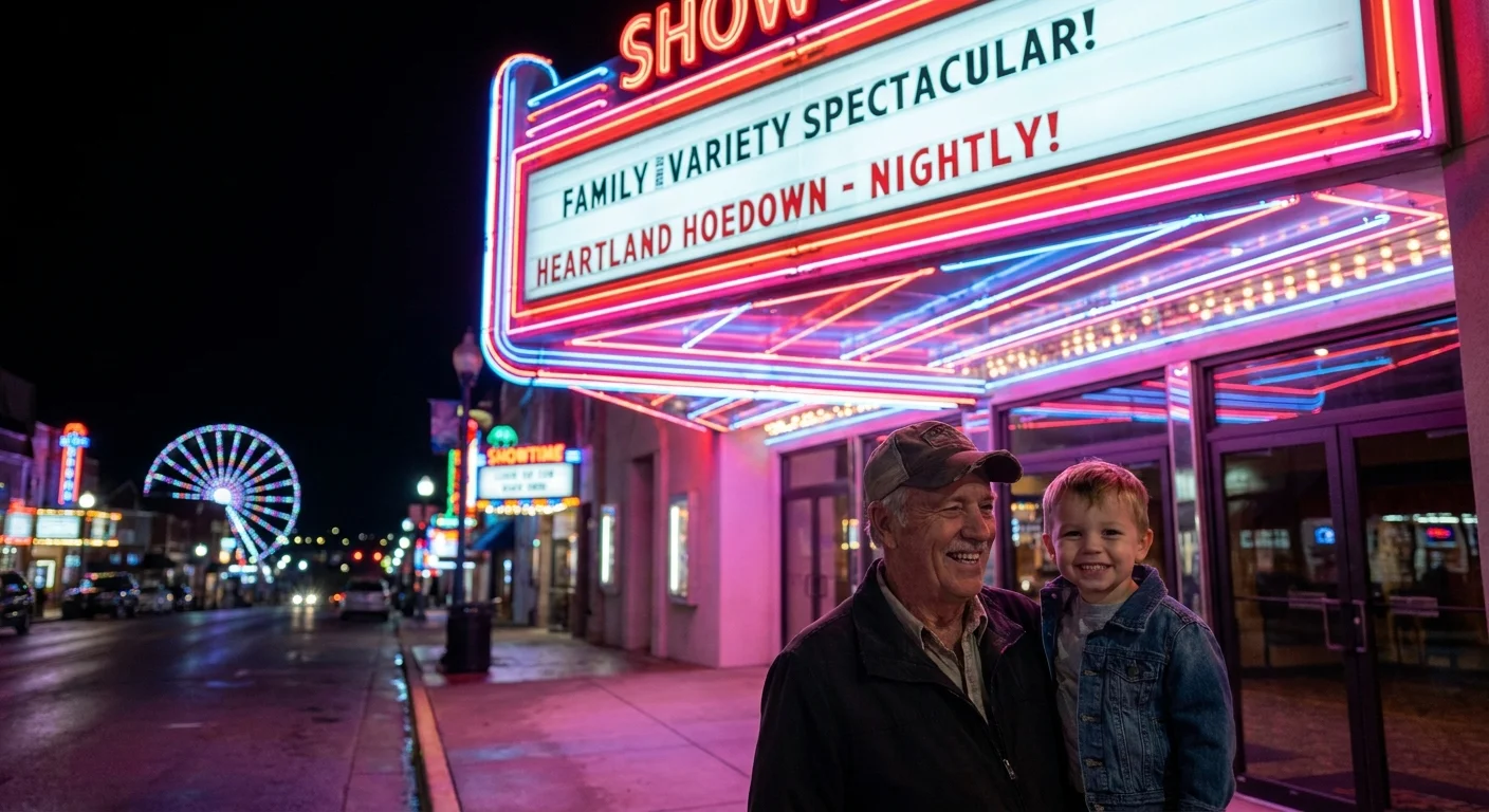 Grandfather and grandson standing under the bright neon lights of a theater marquee in Branson, Missouri.