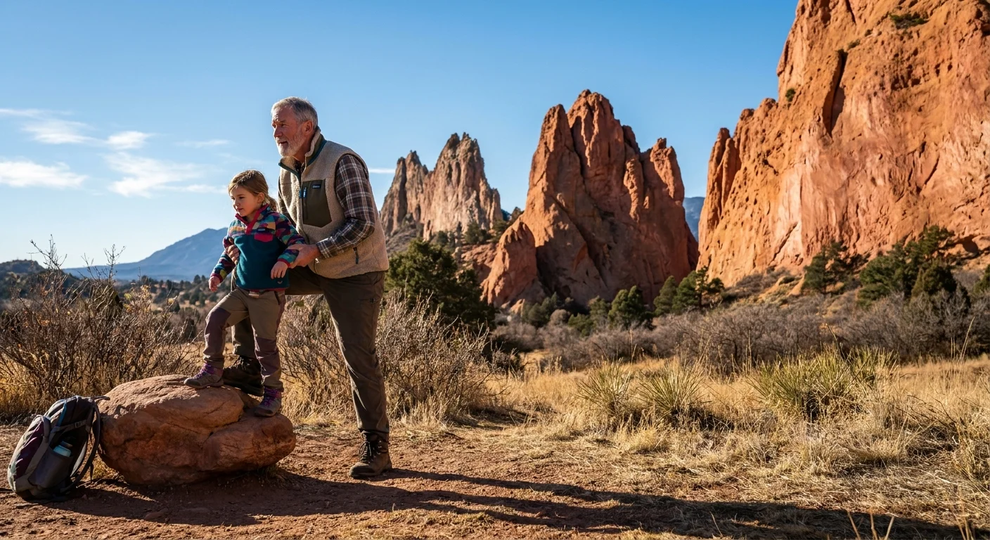 Grandfather helping his granddaughter climb a red rock formation at Garden of the Gods in Colorado Springs.