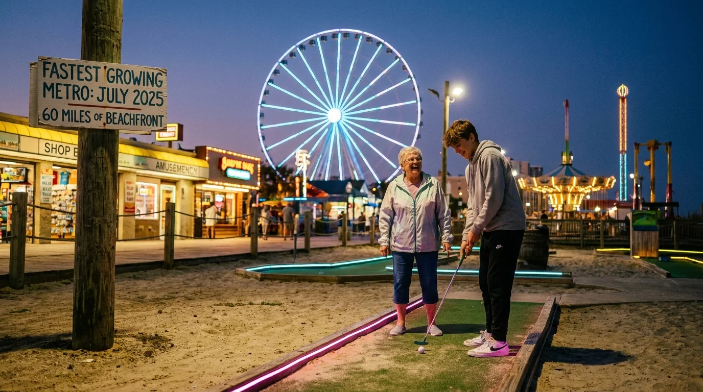 Grandmother and grandson playing mini-golf in Myrtle Beach with the SkyWheel illuminated in the background.