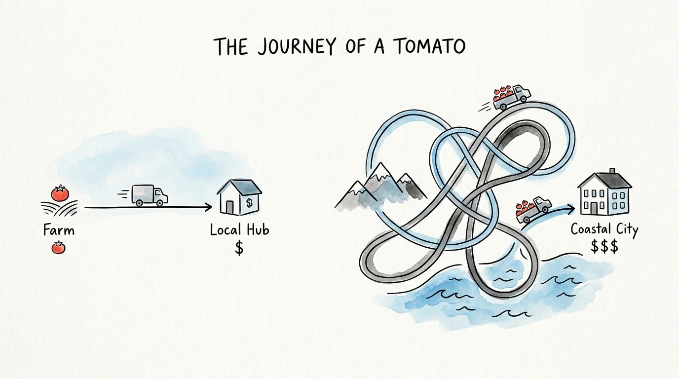 Illustration comparing the short supply chain of local hubs versus the long, expensive journey to coastal cities.