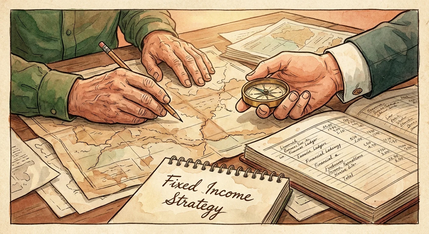 Illustration of a retiree and an advisor planning a relocation strategy together using maps and ledgers.