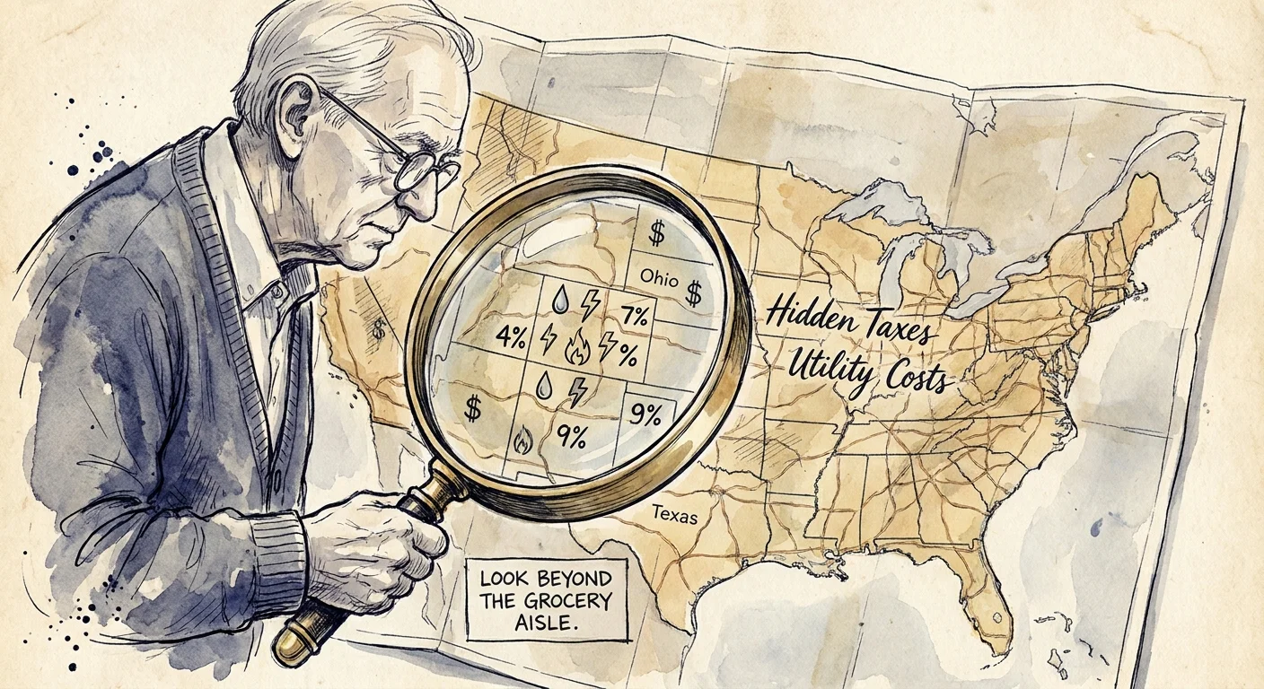 Illustration of a retiree using a magnifying glass to look for hidden costs on a map of the United States.