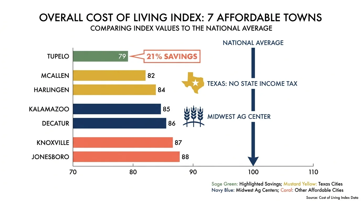Infographic bar chart comparing the cost of living index of the seven retirement towns against the national average.