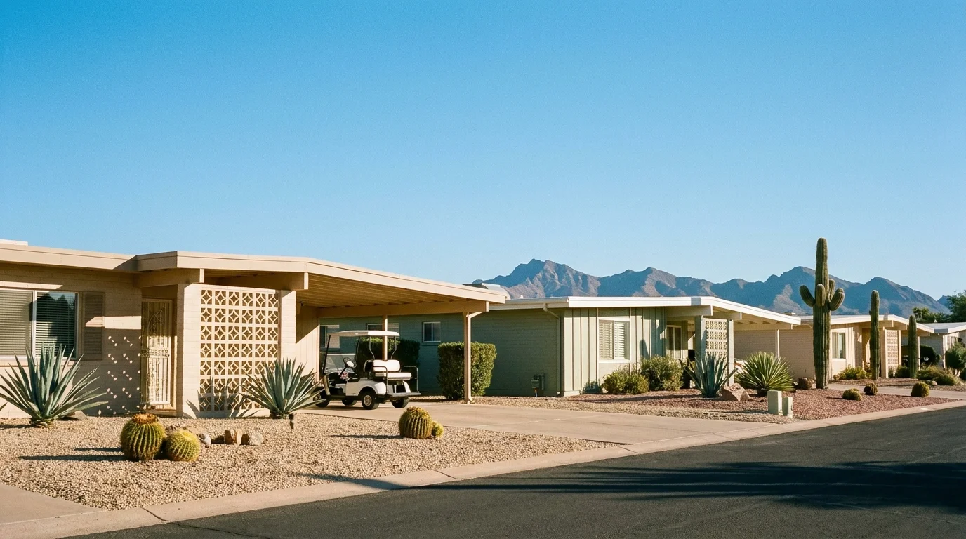 Mid-century modern homes and desert landscaping under a bright blue Arizona sky in Sun City.