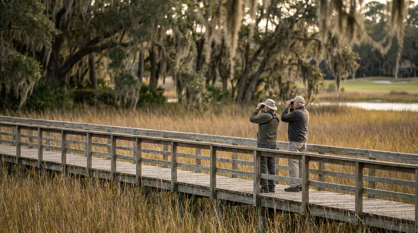 Retirees birdwatching from a wooden boardwalk in a lush South Carolina salt marsh.