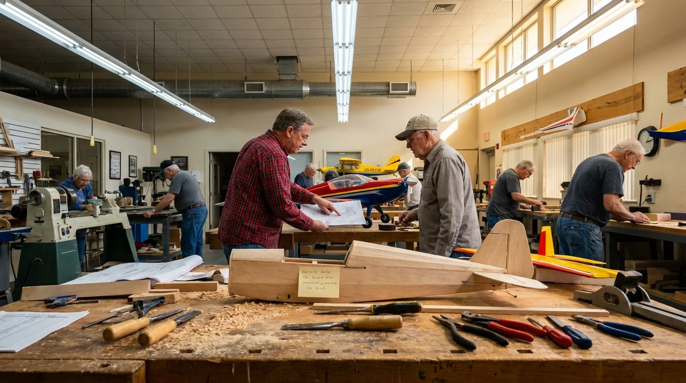 Retirees working on model airplanes and woodworking projects in a spacious community workshop.