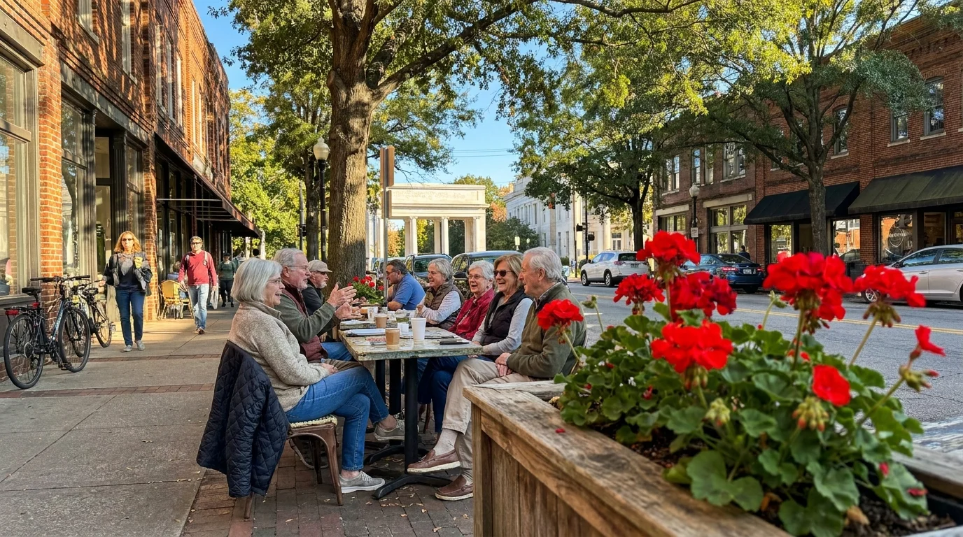 Seniors enjoying an outdoor cafe on a sunny, tree-lined street in downtown Athens, Georgia.