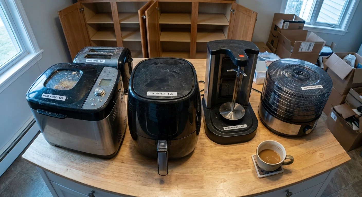 Several small kitchen appliances like a bread maker and air fryer sit on a counter with price tags attached.