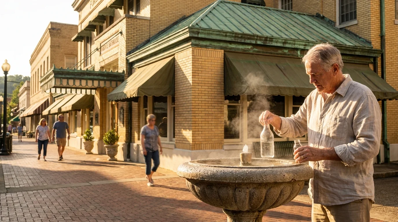 The historic brick architecture of Bathhouse Row in Hot Springs, Arkansas, with steam rising from a public fountain.