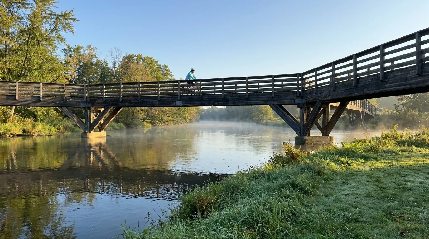 The iconic three-way wooden bridge known as 'The Tridge' in Midland, Michigan, surrounded by green trees and calm river water.