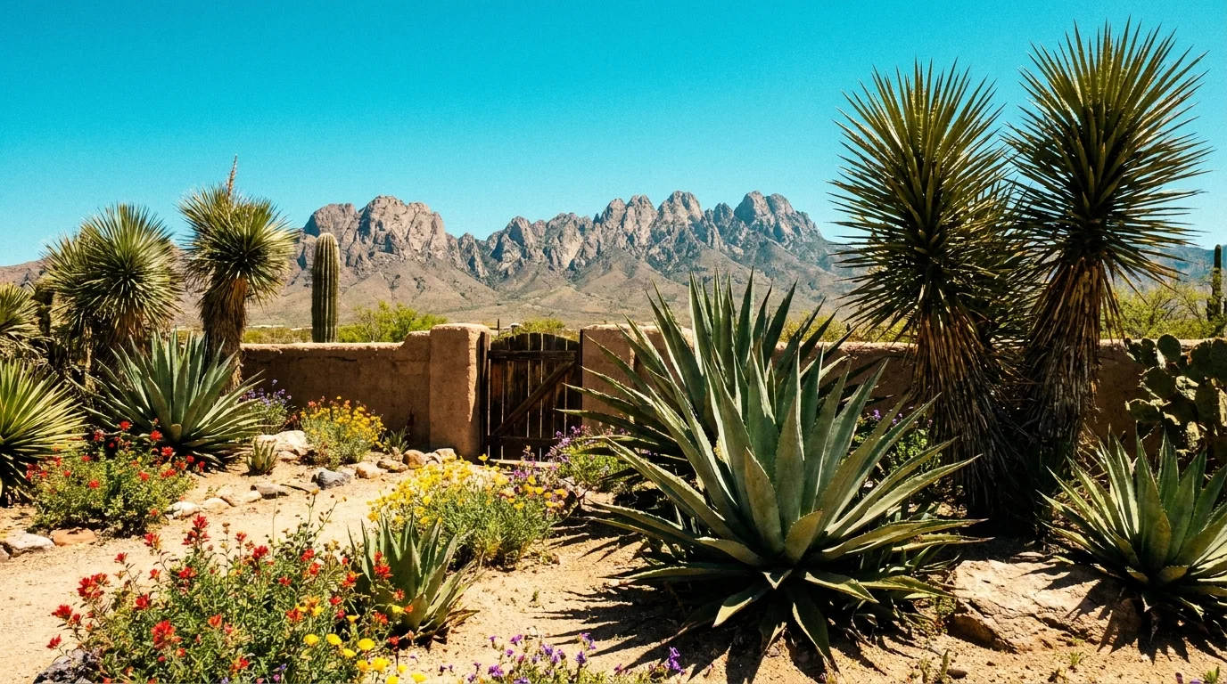 The jagged Organ Mountains rise behind a desert garden with agave and yuccas in Las Cruces, New Mexico.