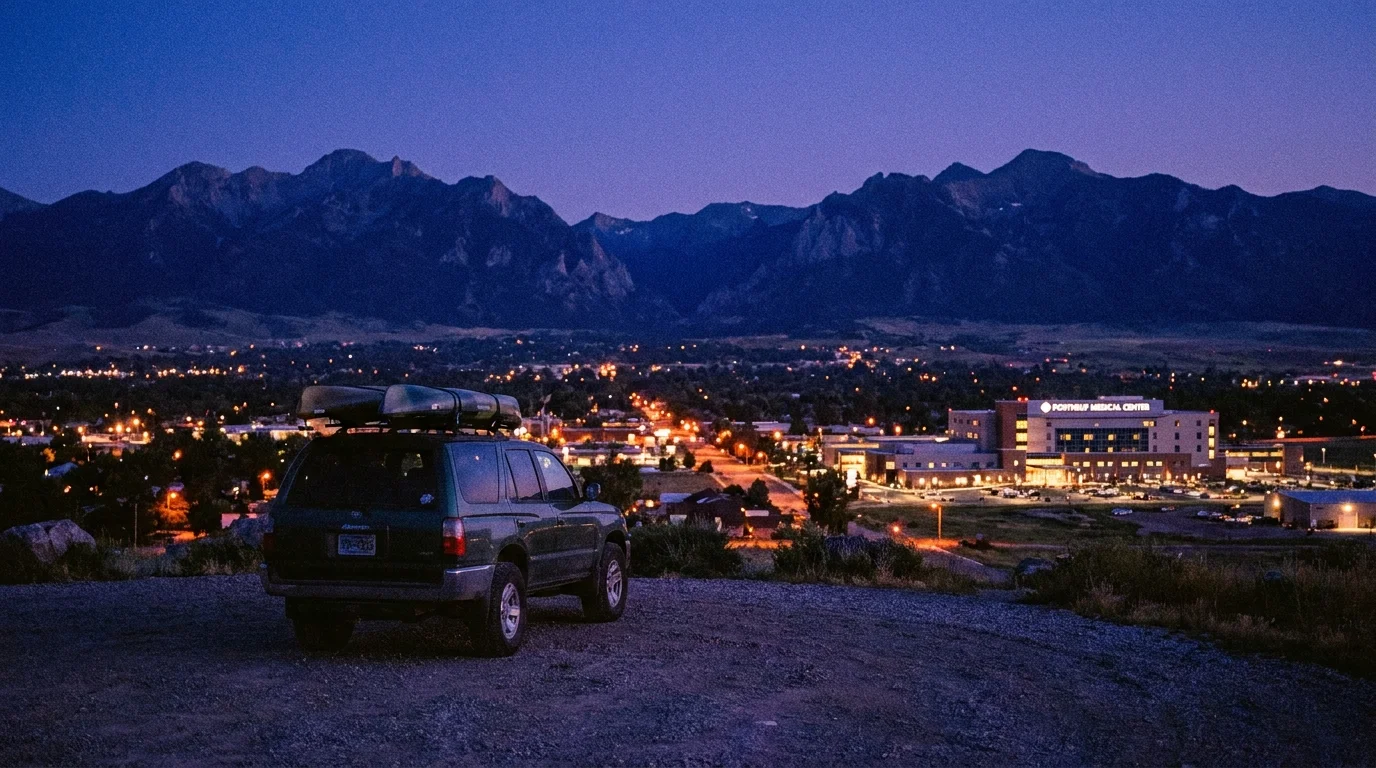 The lights of Pocatello, Idaho, glow in a mountain valley at dusk, with the northern Rockies silhouetted against the sky.