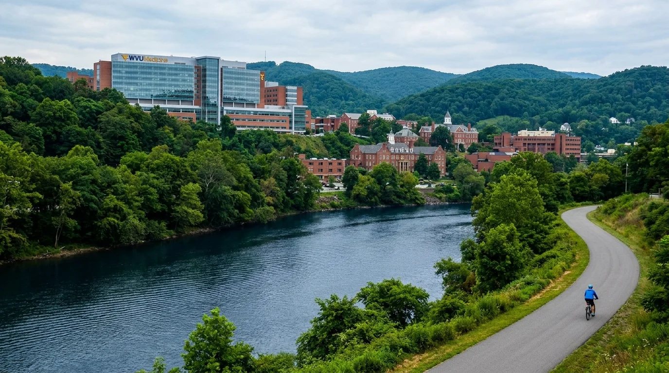 The Monongahela River in Morgantown, West Virginia, with WVU Medicine facilities on the hill and mountains in the distance.