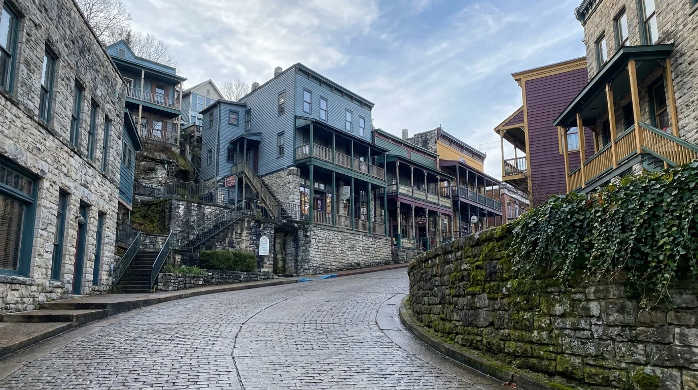 The winding, hilly streets of Eureka Springs, Arkansas, featuring stone architecture and Victorian shops.