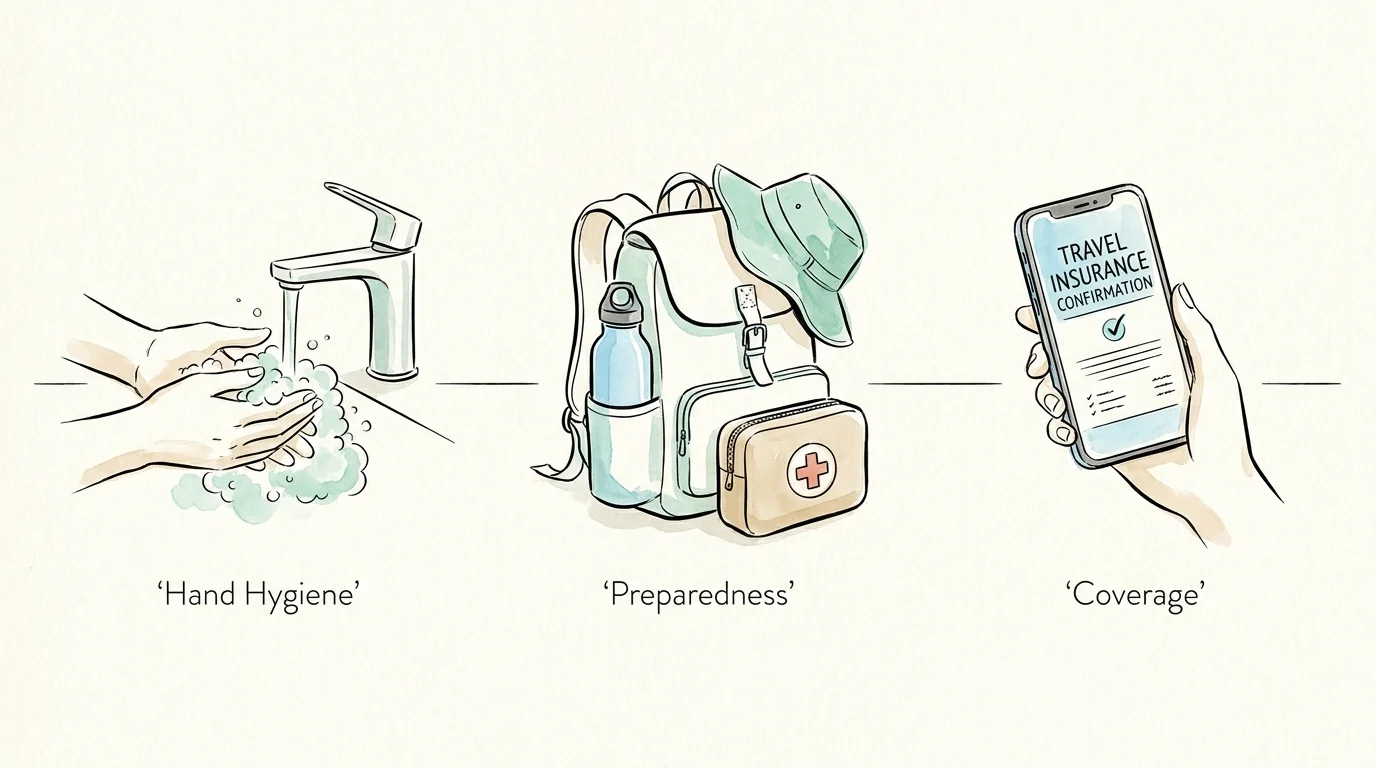 Three watercolor vignettes showing hand washing, a travel kit, and insurance confirmation.