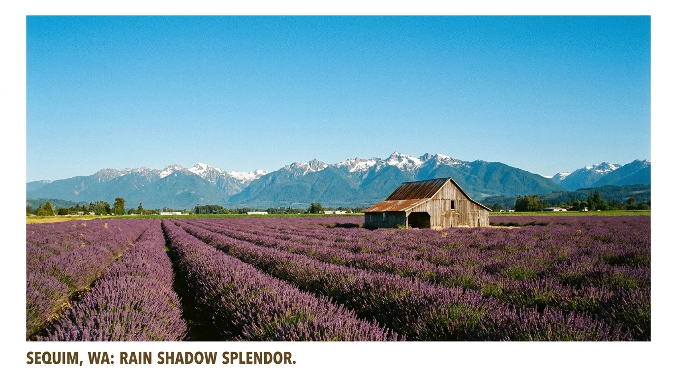 Vibrant purple lavender fields in front of snow-capped mountains under a clear blue sky in Sequim, Washington.