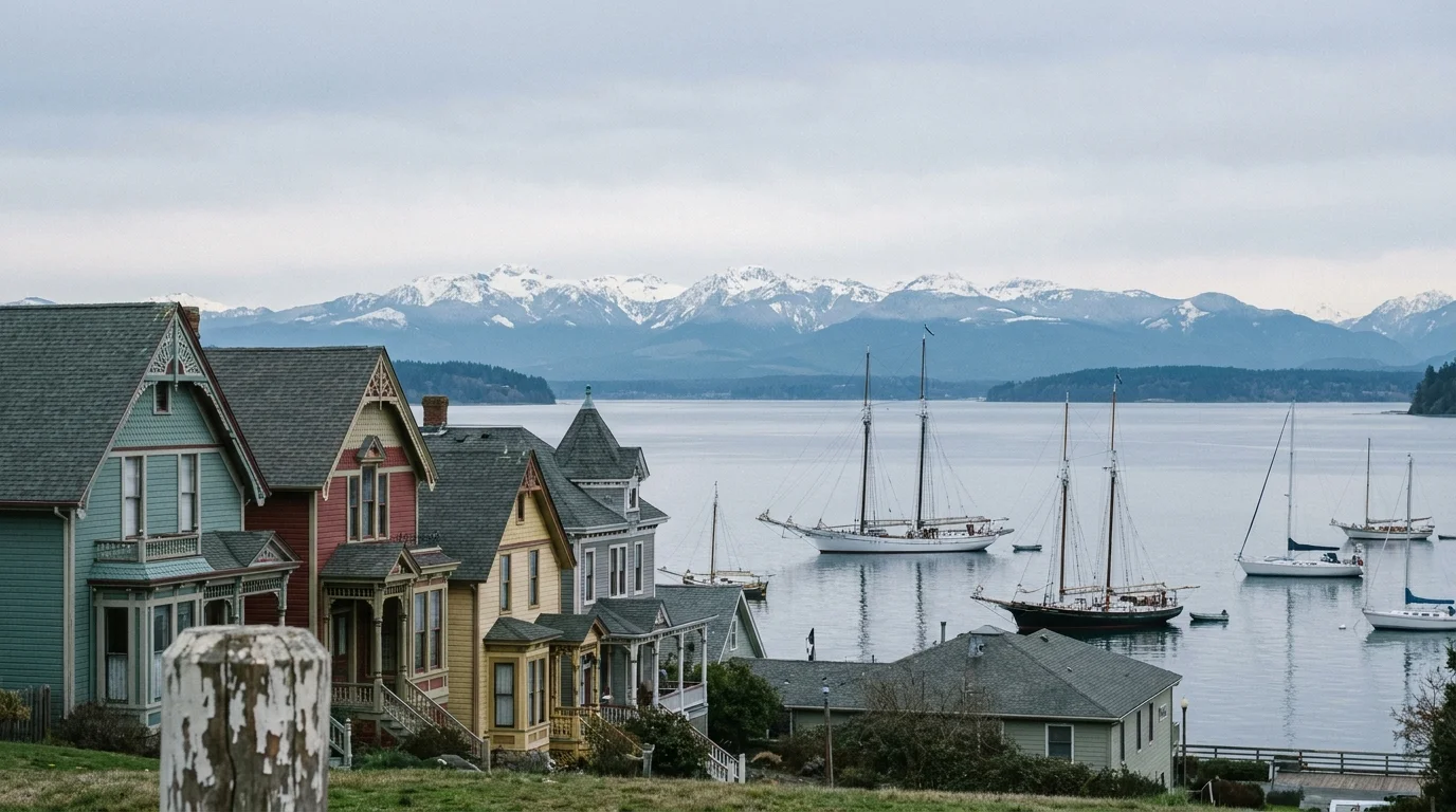 Victorian houses overlooking sailboats in the Puget Sound with the Olympic Mountains in the background at Port Townsend.
