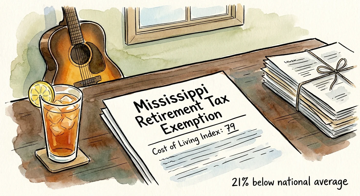 Watercolor illustration of a desk in Tupelo showing tax exemption documents and a guitar, symbolizing affordable retirement.