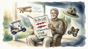 Watercolor illustration of a retiree checking off 'Travel' and 'Golf' on a list, surrounded by icons of airplanes and park ranger hats.